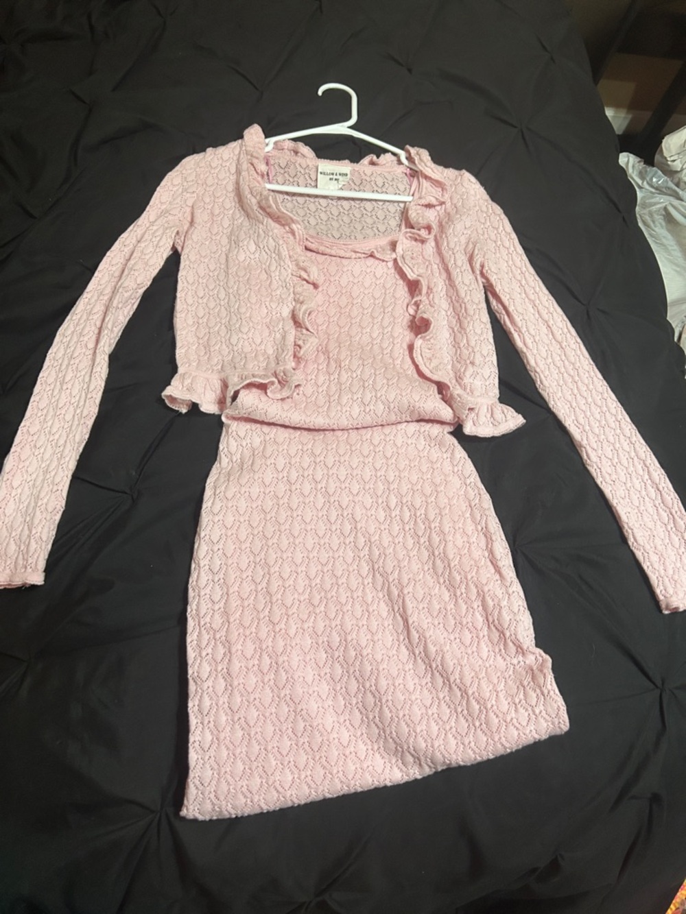 Women's Pink Cable-Knit Two-Piece Set with Ruffle Cardigan